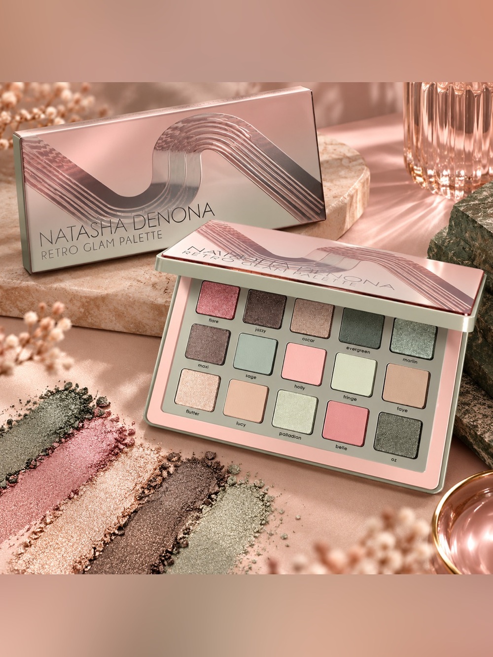 Natasha Denona Retro Glam Eyeshadow Palette — Teal, Pink, Bronze, Gold NIB